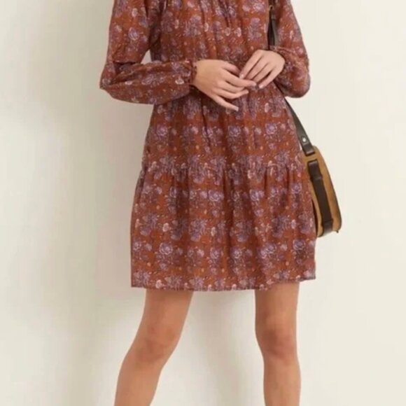 Xirena Lea Cottage Boho Brown Floral Dress Small Oversized Golden Silk Cotton - Picture 4 of 10